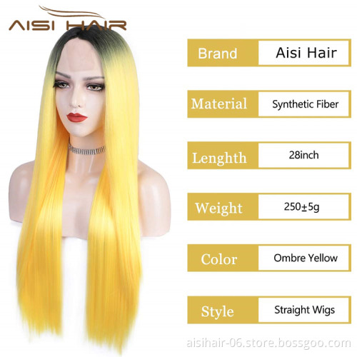 Aisi Hair Hotselling Wholesale Vendor 28 Inch Long Silky Straight Ombre Yellow Wig For Black Women Synthetic Hair Wigs
